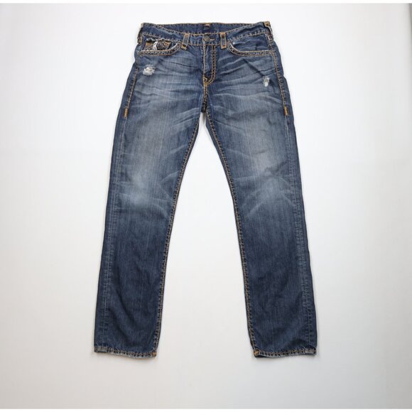 True Religion Mens 36x34 Distressed Thick Stitch Geno Relaxed Slim Fit Jeans USA